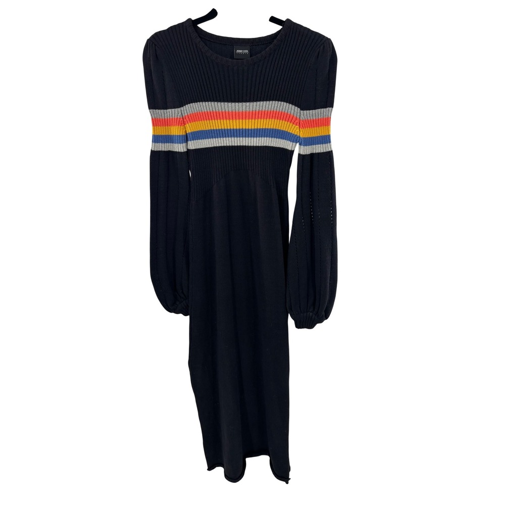 Jonny Cota Studio Black Rainbow Stripe Ribbed Knit Balloon Sleeve Midi Dress S
